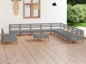 Set mobilier de grădină, 12 piese, gri, lemn masiv de pin