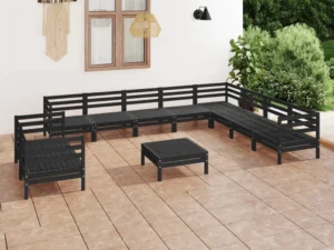 Set mobilier de grădină, 11 piese, negru, lemn masiv de pin