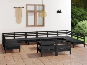 Set mobilier de grădină, 13 piese, negru, lemn masiv de pin