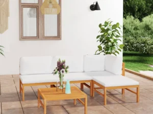Set mobilier grădină cu perne crem, 5 piese, lemn masiv de tec