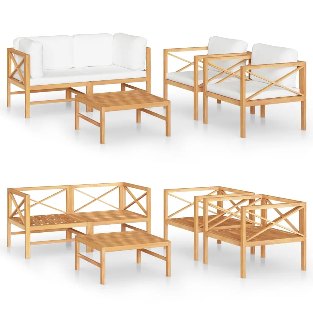 Set mobilier grădină cu perne crem, 5 piese, lemn masiv de tec - imagine 2