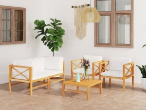 Set mobilier grădină cu perne crem, 5 piese, lemn masiv de tec
