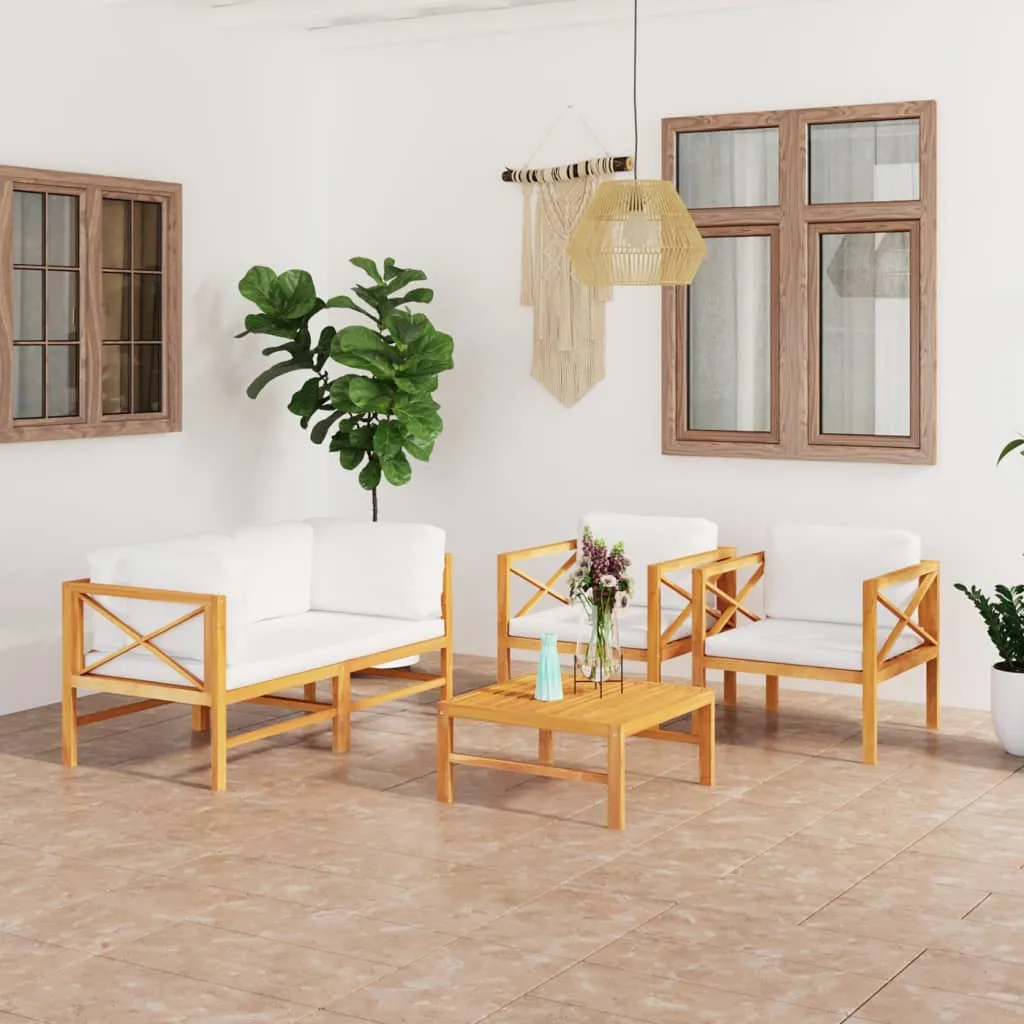 Set mobilier grădină cu perne crem, 5 piese, lemn masiv de tec