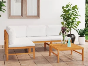 Set mobilier grădină cu perne crem, 5 piese, lemn masiv de tec