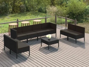 Set mobilier de grădină cu perne, 9 piese, negru, poliratan