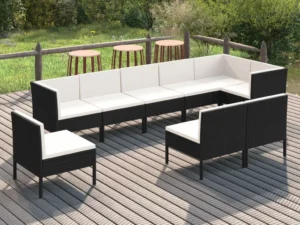 Set mobilier de grădină cu perne, 9 piese, negru, poliratan