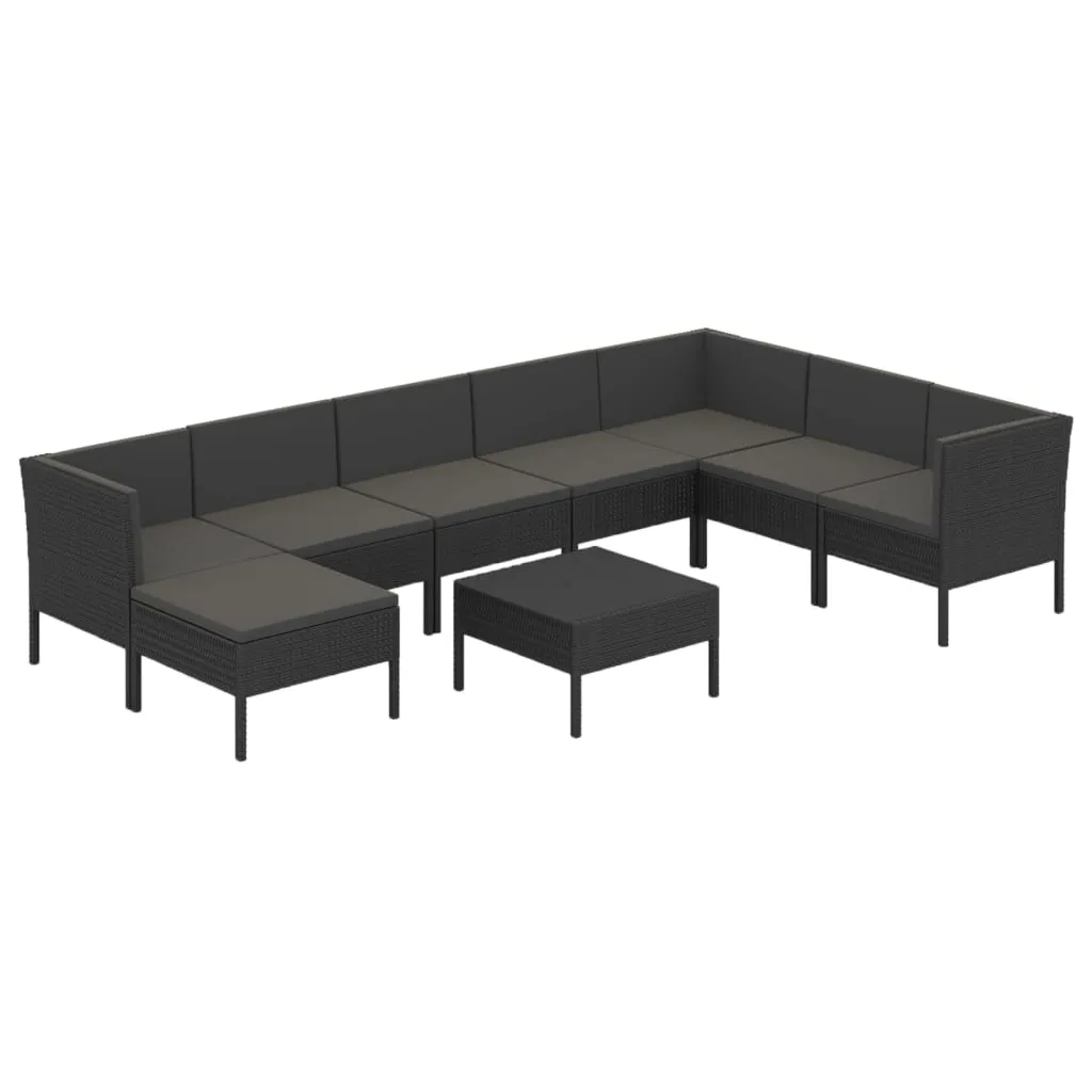 Set mobilier de grădină cu perne, 9 piese, negru, poliratan - imagine 2