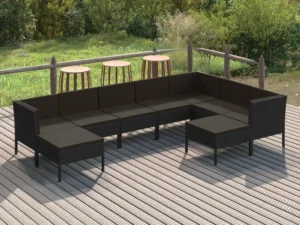 Set mobilier de grădină cu perne, 9 piese, negru, poliratan