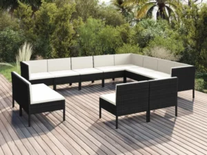 Set mobilier de grădină cu perne, 12 piese, negru, poliratan