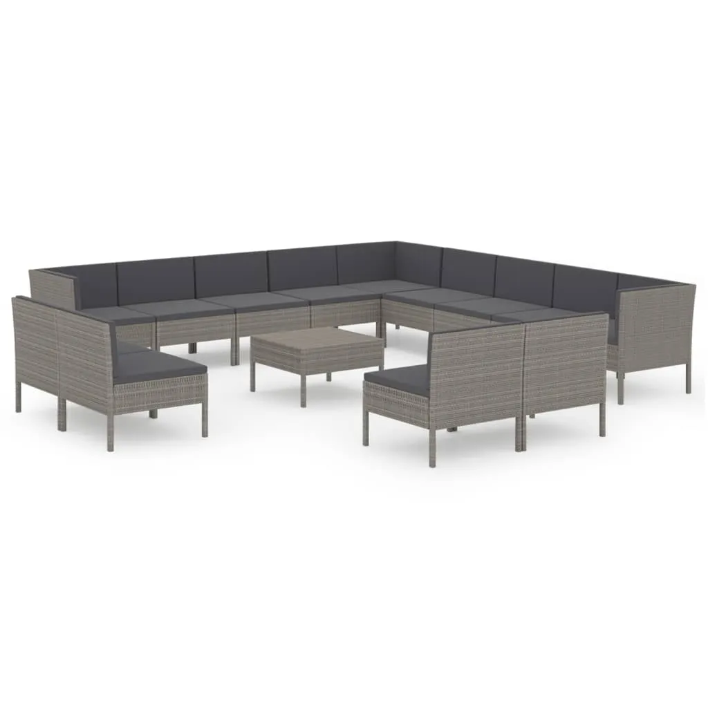 Set mobilier de grădină cu perne, 14 piese, gri, poliratan - imagine 2