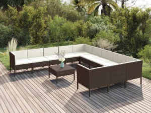 Set mobilier de grădină cu perne, 12 piese, maro, poliratan