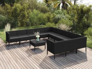 Set mobilier de grădină cu perne, 12 piese, negru, poliratan