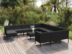 Set mobilier de grădină cu perne, 13 piese, negru, poliratan