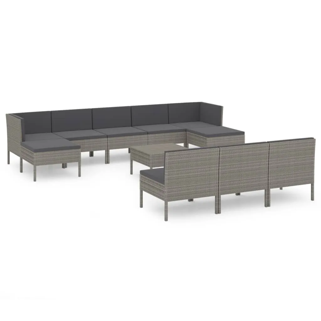 Set mobilier de grădină cu perne, 11 piese, gri, poliratan - imagine 2