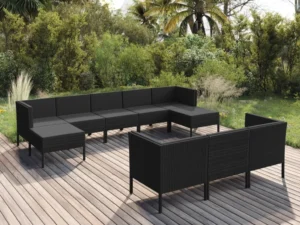 Set mobilier de grădină cu perne, 10 piese, negru, poliratan