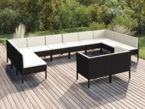 Set mobilier de grădină cu perne, 12 piese, negru, poliratan