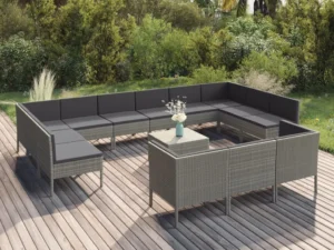 Set mobilier de grădină cu perne, 14 piese, gri, poliratan