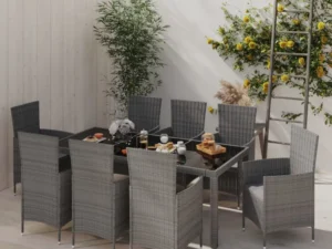Set mobilier de grădină cu perne, 9 piese, gri, poliratan