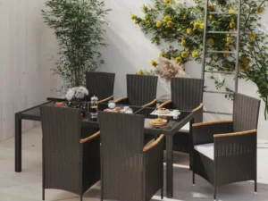 Set mobilier de exterior cu perne, 7 piese, negru, poliratan