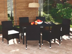 Set mobilier de grădină cu perne, 7 piese, negru, poliratan