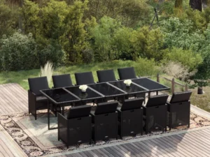Set mobilier de exterior cu perne, 11 piese, negru, poliratan