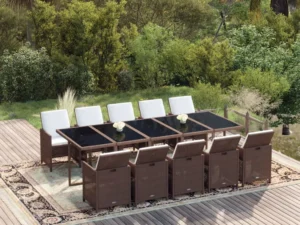 Set mobilier de exterior cu perne, 11 piese, maro, poliratan