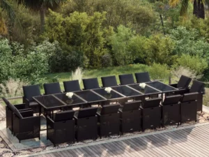 Set mobilier de grădină cu perne, 19 piese, negru, poliratan