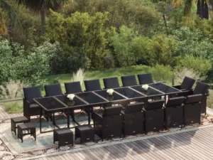Set mobilier de grădină cu perne, 19 piese, negru, poliratan