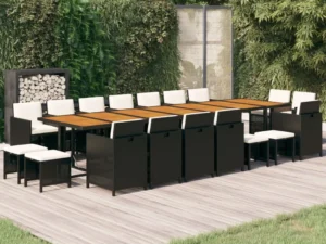Set mobilier de grădină cu perne, 19 piese, negru, poliratan