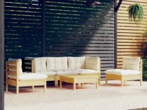 Set mobilier grădină cu perne crem, 6 piese, lemn masiv de pin