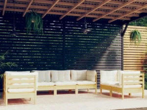 Set mobilier grădină cu perne crem, 7 piese, lemn masiv de pin