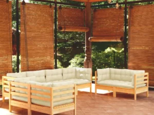 Set mobilier grădină cu perne crem, 8 piese, lemn masiv de pin