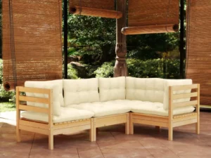 Set mobilier grădină cu perne crem, 4 piese, lemn de pin