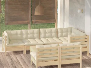 Set mobilier de grădină cu perne crem, 8 piese, lemn masiv pin