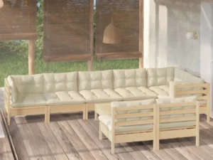 Set mobilier grădină cu perne crem, 9 piese, lemn masiv de pin