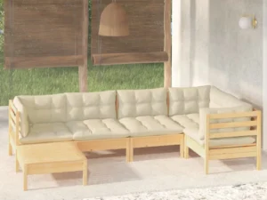 Set mobilier grădină cu perne crem, 6 piese, lemn masiv de pin