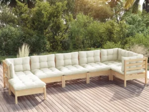 Set mobilier grădină cu perne crem, 7 piese, lemn masiv pin