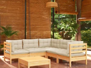 Set mobilier grădină cu perne crem, 6 piese, lemn masiv de pin