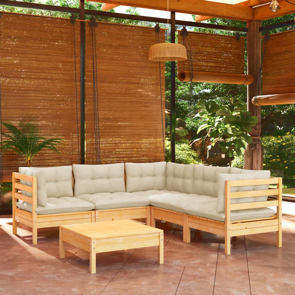 Set mobilier grădină cu perne crem, 6 piese, lemn masiv de pin