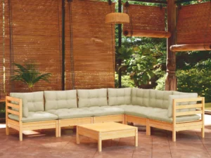 Set mobilier grădină cu perne crem, 7 piese, lemn masiv pin