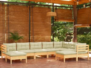 Set mobilier grădină cu perne crem, 9 piese, lemn masiv de pin