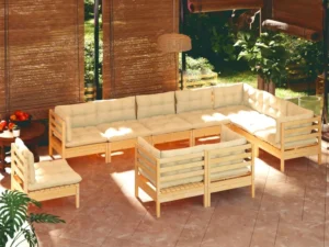Set mobilier grădină cu perne crem, 10 piese, lemn masiv de pin