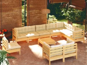 Set mobilier grădină cu perne crem, 11 piese, lemn masiv de pin
