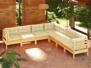 Set mobilier grădină cu perne crem, 7 piese, lemn masiv pin