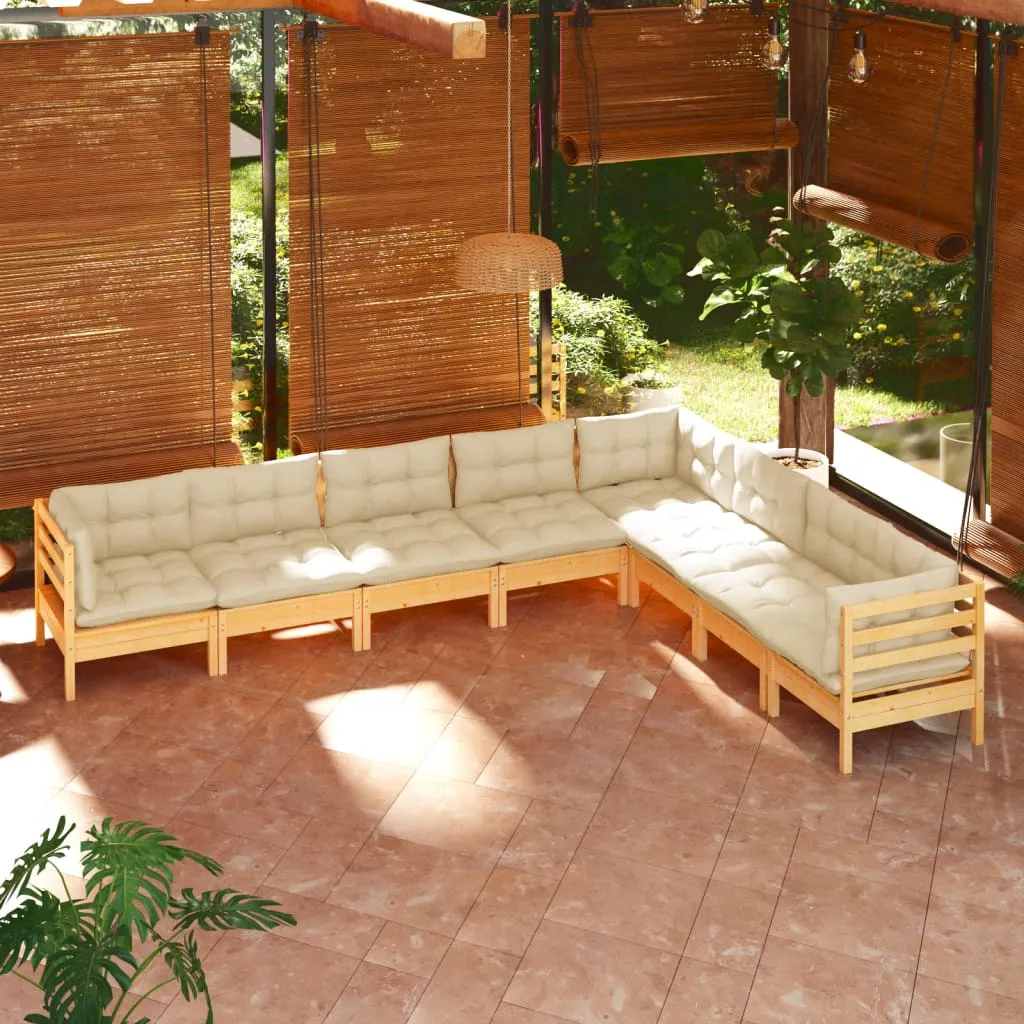 Set mobilier de grădină cu perne crem, 8 piese, lemn masiv pin