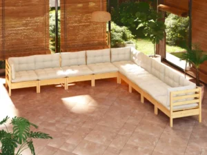 Set mobilier grădină cu perne crem, 9 piese, lemn masiv de pin
