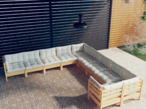 Set mobilier grădină cu perne crem, 10 piese, lemn de pin
