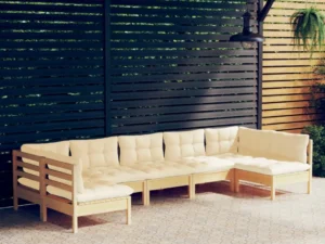 Set mobilier grădină cu perne crem, 7 piese, lemn masiv pin