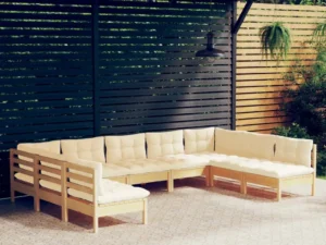 Set mobilier grădină cu perne crem, 9 piese, lemn masiv de pin