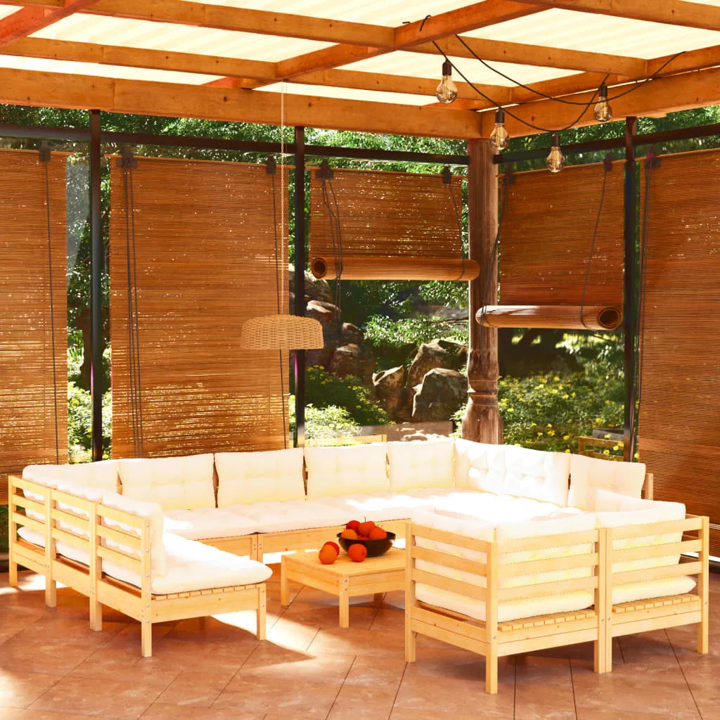 Set mobilier grădină cu perne crem, 12 piese, lemn masiv de pin